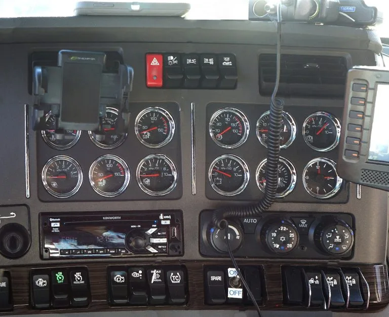 Heavy truck dashboard with air pressure gauges