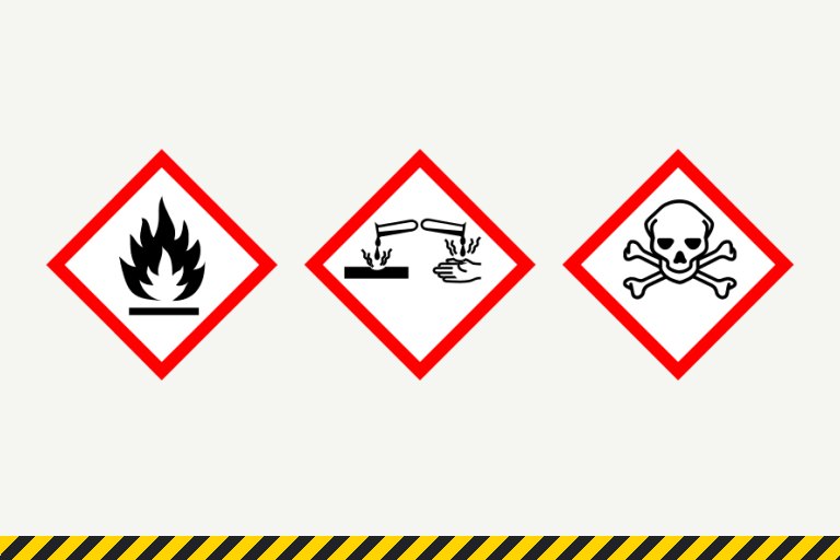 WHMIS hazard pictograms for flammable, corrosive and toxic products