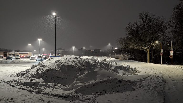 Snow-covered shopping centre parking lot